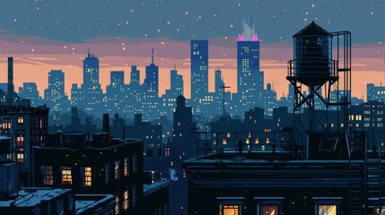 A pop art rooftop view of a city at night, twinkling lights, bold outlines, and a stylized water tower