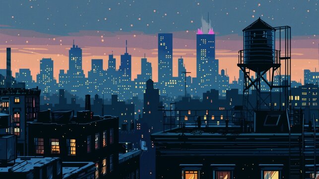 A pop art rooftop view of a city at night, twinkling lights, bold outlines, and a stylized water tower