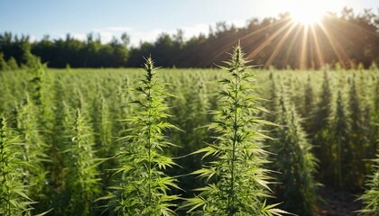 Young cannabis plants, farmer's field and hemp business. The sun sets behind a marijuana field. A background with a place to showcase the product, an advertising banner.