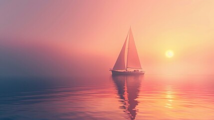 Sailing ship in sea water in heavy fog at sunset.