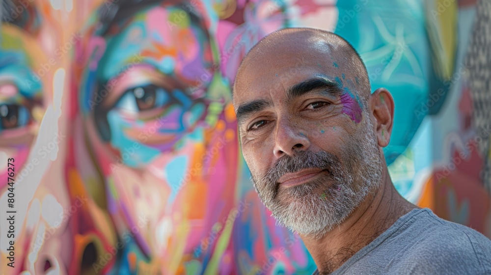 Poster a man standing in front of a mural he helped create in a public space using art to spread messages o