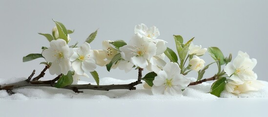 A branch covered in white flowers stands out against a backdrop of snow.