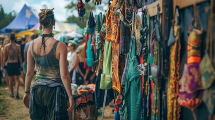 A group of diverse individuals stand in clusters around a bustling market, browsing various goods and engaging in conversations.