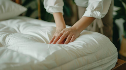 close up of hands, woman putting on bed sheets