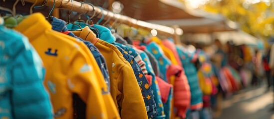 A row of vibrant, colorful shirts displayed on a rack in a store, ready for selling or donation.