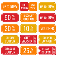 Set of 3D coupons, vouchers, discount percentage tags in red, orange and yellow colors, vector.