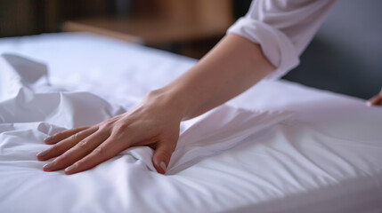 close up of hands, woman putting on bed sheets