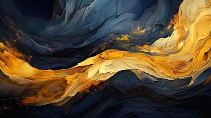 Beautiful Art of Gold and Blue Brush Stroke Artistic Curvy Acrylic Paint on Background