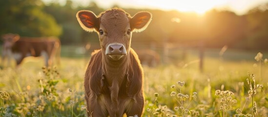 A baby cow stands in a field of lush green grass, surrounded by a natural landscape. The calf is actively exploring its surroundings, showcasing the essence of farm life. - Powered by Adobe