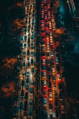 Aerial view of a traffic jam at night, a gridlock of headlights and taillights creating abstract...
