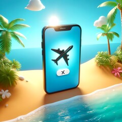 Smartphone with Plane Icon on Tropical Beach Backdrop - obrazy, fototapety, plakaty