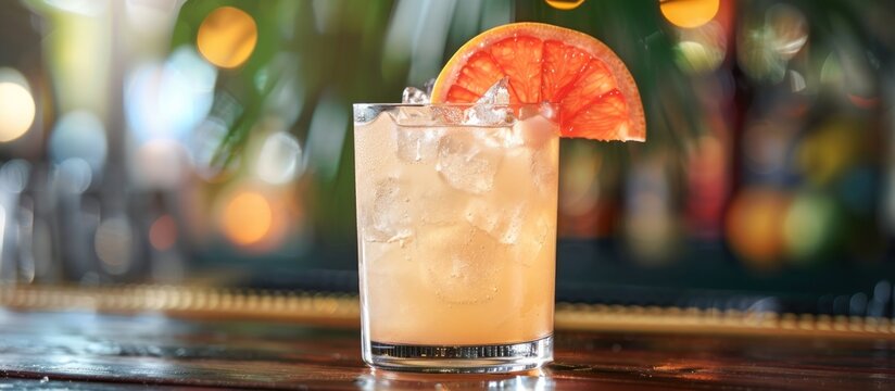 A detailed view of a tequila-based Paloma cocktail with grapefruit garnish placed on a table.