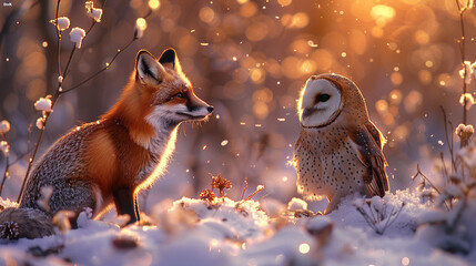 Curious Christmas fox meeting a friendly owl perched on a snowy branch. Paper artwork.