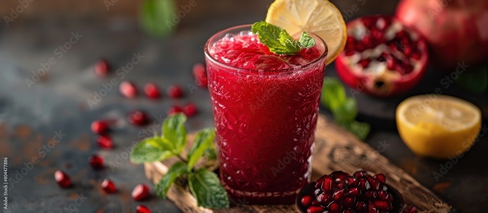 Poster refreshing pomegranate juice with lemon slice