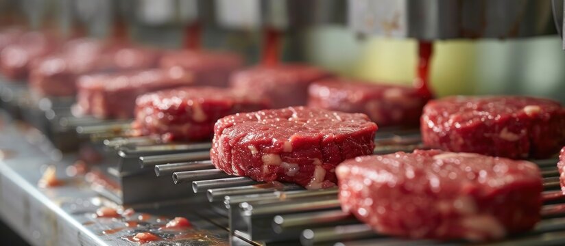 Line of Fresh Hamburger Patties on Conveyor Belt