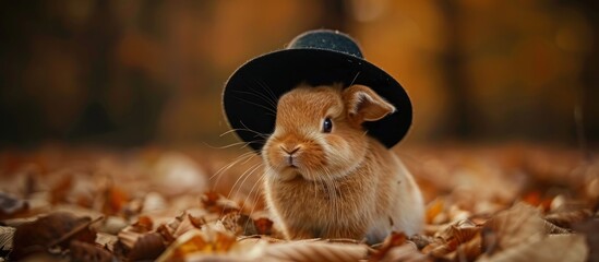 Obraz premium Dutch Rabbit Wearing a Magical Black Hat Outdoors