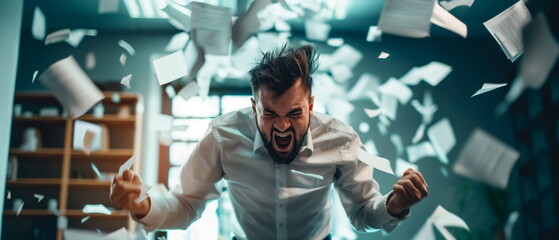 angry male office worker threw paper documents up, deadline. Depression from work in a man, a large workload of document management