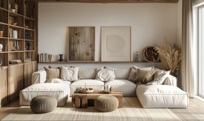 Cozy and minimalist style home interior. Natural wood style, featuring modern furnishings and decorative elements