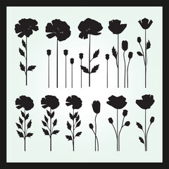 Poppy flower silhouette set Clipart on a hex color background