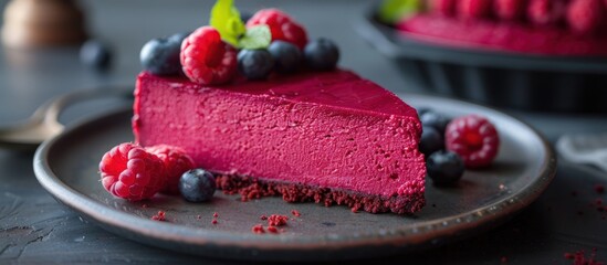 Close Up of Vegan Red Cheesecake Slice on Plate