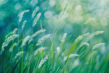 Blades of grass in a meadow softly swaying in the breeze, realistic focus on the textures and play...
