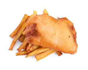 Tasty fish and chips isolated on white, top view