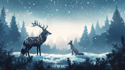 Curious Christmas fox watching a majestic stag with antlers silhouetted against the winter sky. Paper artwork.