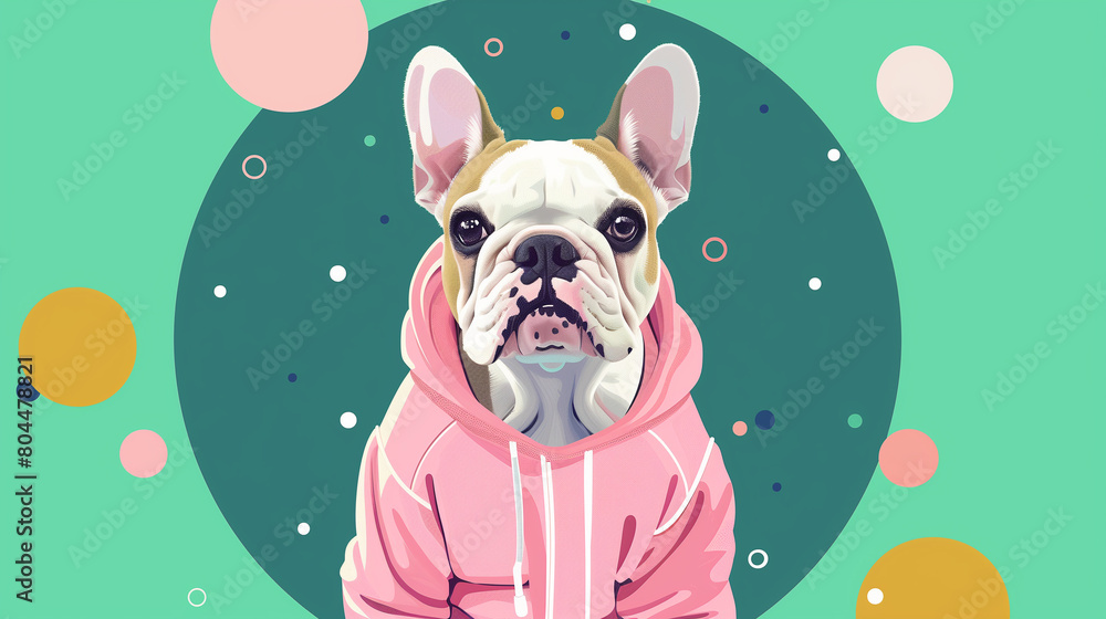Wall mural A cute bulldog wearing a pink and white hoodie on a green background with colorful circle elements in the style of a UI/UX design icon. --ar 16:9 Job ID: 037bd853-0710-429d-86ee-e190a90c4111 - Wall murals