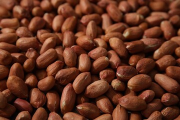 Many fresh unpeeled peanuts as background, closeup