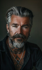 Obraz premium A handsome middle-aged man with short hair and a beard, silver-gray hair color, and expressive eyes stands out with tattoos adorning his neck and ears, exuding a distinctive and confident style.