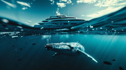 Beautiful whale swimming underwater with tropical palm tree island and yacht in sea.