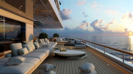 Deck view of a luxury yacht in sea water.