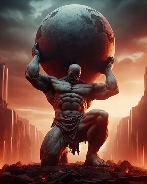 statue of a titan, holding an atlas stone boulder above his shoulders, world's strongest man, generative AI