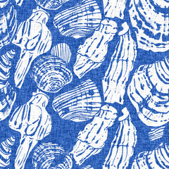 Azure blue white shell motif with linen seamless batik background. Modern coastal beach cottage rustic shell block print home decor pattern design in sealife beach style. 