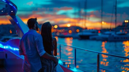 A lovely couple on deck of yacht enjoy dusk beautiful sky in sea.