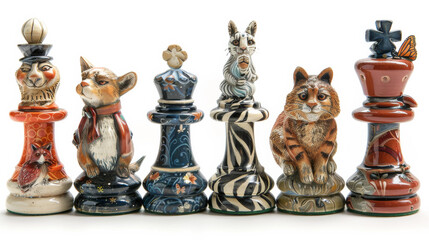 A row of animal chess pieces, including a cat, a rabbit, a zebra, and a mouse - obrazy, fototapety, plakaty