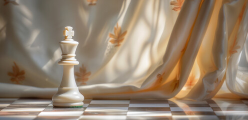 A white chess piece is on a checkered board - obrazy, fototapety, plakaty