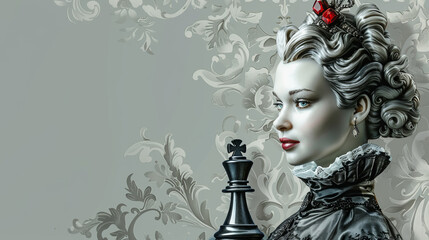 A woman and a chess piece in front of a white background - obrazy, fototapety, plakaty