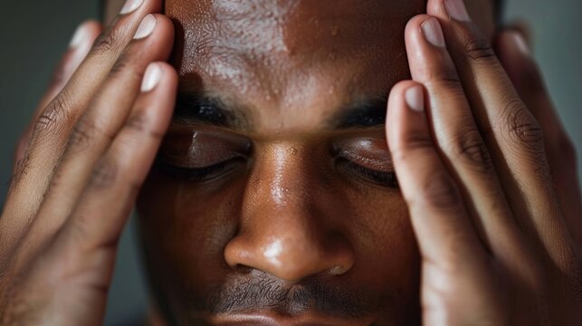 A closeup of a mans hands massaging a soothing blend of peppermint and rosemary essential oils onto his temples easing tension and headaches.