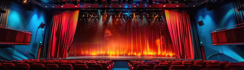 The theater curtain remains closed, setting the stage for an upcoming performance filled with drama and excitement, capturing the essence of live entertainment.