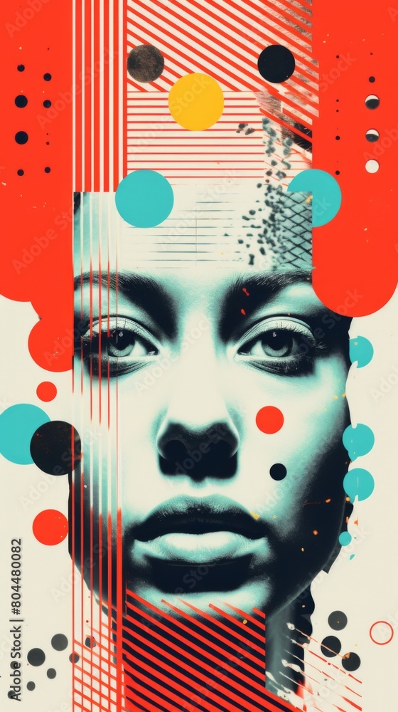 Poster a womans face adorned with intricate circles and dots, creating a mesmerizing and cosmic pattern