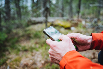 Individual holding a mobile device among trees in a natural landscape