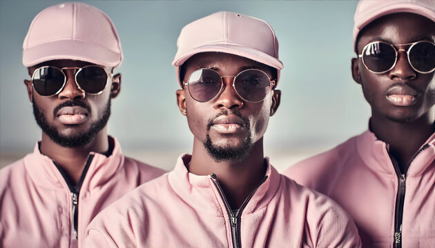 drei, m&auml;nner, mit, hut, pink, afro, Amerikaner, close up, neu, atelier, modern, samt, sportlich, freunde, anzug, Jogger, rosa, pastel, sonnenbrillen, cool, l&auml;ssig, bart, schwarze, trainingsjack, Jacke