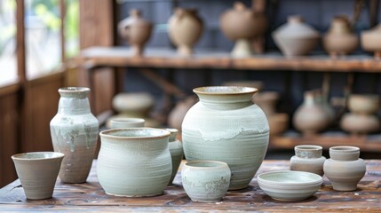 A set of finished pottery pieces showcasing the beauty and uniqueness that can only be achieved through mindful manual labor.