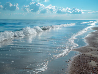 beach scene with gentle waves rolling onto the sandy shore - obrazy, fototapety, plakaty