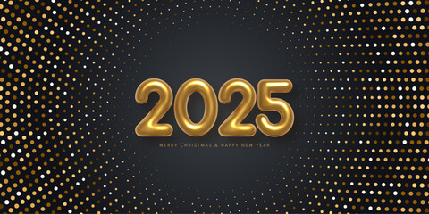 2025 balloon numbers Happy New Year template. Gold halftone glitter shining in light with sparkles. Greeting festive card with golden numbers vector illustration. Merry holiday poster or wallpaper.