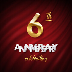 6 golden number, Anniversary white paper text and Celebrating word made of golden ribbons on red curtain background. Vector sixth anniversary celebration event square template