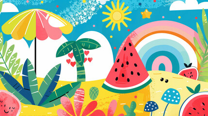 Fototapeta premium Flat illustration of summer elements in the middle, simple design, colorful, vibrant, summer theme with a colorful background
