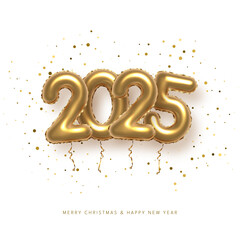2025 balloon numbers on New Year greeting card vector template. Festive Christmas social media banner design with congratulations. Golden numbers with confetti illustration on black background