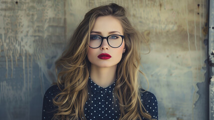 A close-up photo captures a fashion model donning retro-style glasses and bold red lipstick. She...